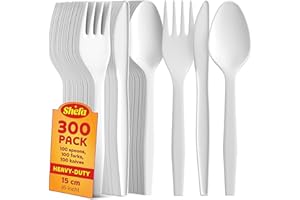 Shefa 300 White Reusable Cutlery Set - 100 Spoon, 100 Fork, 100 Knife - Reusable & Washable, Heavy Duty Cutlery, 5.7" Long Tablespoon - Ideal for Birthday, Parties, Camping, Catering
