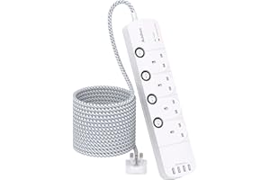 ADDTAM Extension Lead with USB Slots, 4 Way Socket Outlets Power Strips with 4 USB, 1050J Surge Protection Multi Plug Extension with Braided Extension Cable for Home, Office, Individually Switched, White