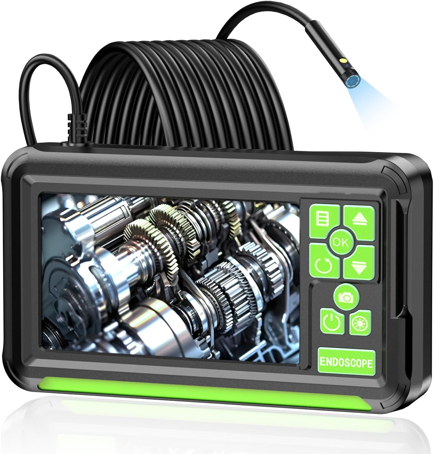 Cámara Endoscópica de Doble Lente, 4,3" Pantalla IPS Endoscopio Camara de Inspeccion con 8 Luces LED, Camara Inspeccion Tuberias Impermeable IP67, Cable Semi-Rígido de 5M, Toma Fotos y Graba Video