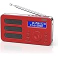 August Portable DAB Radio MB225 - DAB/DAB +/FM - RDS Function, 40 Presets, Stereo/Mono Portable Digital Radio, Dual Alarm, Rechargeable Battery, Headphone Jack (Red)