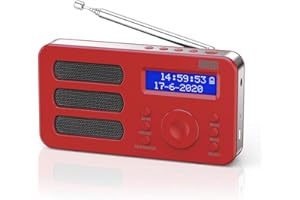August MB225R Portable DAB/DAB+/FM Digital Radios – Rechargeable Small Radio with 40 Station Presets, RDS, Dual Alarm Clock with Snooze and Sleep Timer, 4 One-Touch Preset Buttons, Aux Out – Red