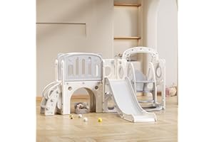 ‎HAINEW 7 in 1 Kinderrutsche Indoor und Outdoor für ab 1-5 Jahr, Kinder Spielplatz mit Rutsche, Schaukel, Plattform, Unterschrank, Lochbohrspiel, Basketballkorb und Treppe, Gartenrutsche (Grau+Weiß)