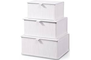 Honygebia Bambú Caja Almacenaje con Tapa - Set de 3 Cestos de Mimbre Decorativas con Forro, Almacenamiento Blanco para el Hogar, Organizadoras de Estantes de Cocina y Baño (Grande/Mediana/Pequeña)