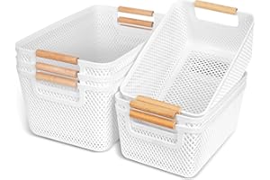 OSTWOLKE 6 Stück Aufbewahrungsbox Weiß, Kunststoff Aufbewahrungskorb ohne Deckel, Atmungsaktiv Aufbewahrungsboxen mit Griffen aus Massivholz, Boxen Aufbewahrung Plastikbox für Badezimmer Küche