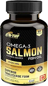 B-TUF Omega-3 Salmon Fish Oil supplements 1000mg (3:2 EPA:DHA) High Absorption Triglyceride form Enteric coated Burpless benefits Heart, Brain, Eyes, Skin, Joints health (60 Capsules)