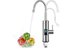 BEIBIJIO Grifo con Calentador de Agua Instantaneo,220V 3000W Grifo Electrico Agua Caliente, 360° LCD Torneira Electrica Agua Quente para Cocina Jardín Baño Caravana Camper, Máx. 60℃