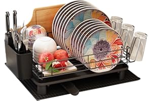 Qienrrae Dish Drianer Rack with Drip Tray, Dish Drainer with 360° Swivel Spout and Drainer Mat, Stainless Steel Dish Rack with Utensil Holder and Drying Mat, Dish Drying Rack (Black - One Tier)