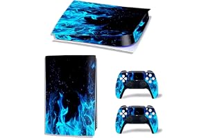 Khushi Decor Blue Fire UV 3M Vinyl Sticker Decals for PlayStation 5 Disk Version Console and Two Dual Sense 5 Sticker Skins Black PS5 Skin Console and Controller Design [Video Game]