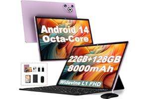 DGHRTI 2025 Newest Tablet 10 Pulgadas, 22GB RAM+128GB ROM (1TB TF) Android 14 Tablets, Octa-Core, 8000mAh, Widevine L1, Dual WiFi, BT 5.0, Face ID, 5MP+8MP, Con Carcasa MetÃlica, Teclado y Ratón (Purple)