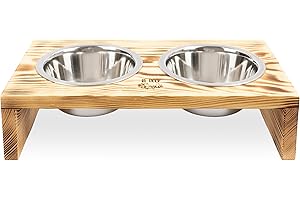 RF - DEER Raised Dog Bowls with Stand | Wooden Feeding Stand with 2 Stainless Steel Bowls for Cats and Dogs | Easy to Keep Clean, Eco friendly | Food & Water Station, Pet Feeder | 41x22x10 cm | Medium