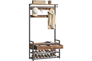 VASAGLE Appendiabiti da Ingresso, Mobile da Ingresso con 10 Ganci Rimovibili, 2 Cassetti, Panca Scarpiera, Design Separabile, 30 x 80,4 x 181,6 cm, Marrone Vintage e Nero Inchiostro HSR429B01