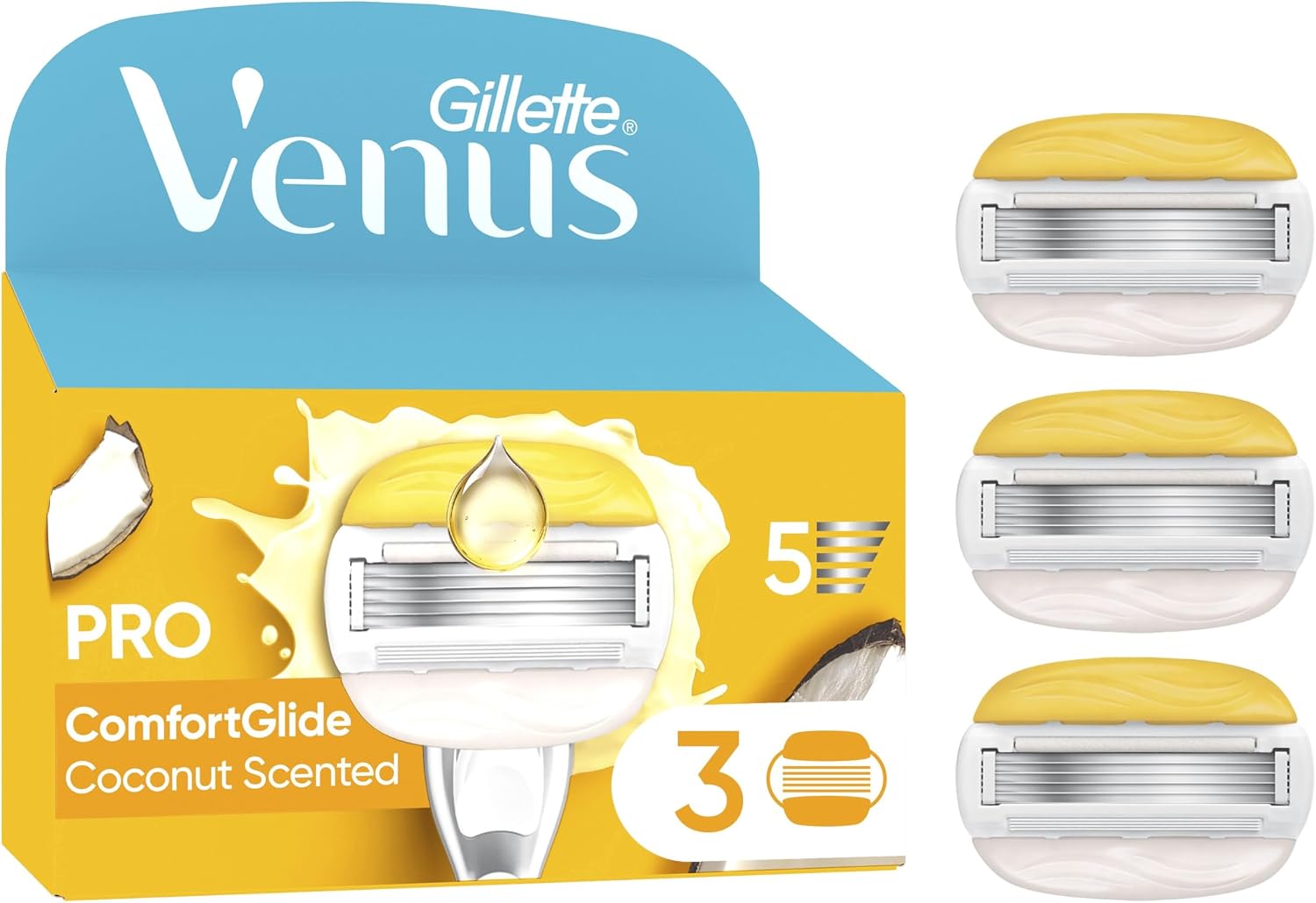 Gillette Venus Pro ComfortGlide Coconut Scented Women’s Blades with Olay Moisturiser, 3 Refill Razor Cartridges