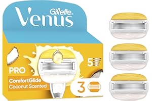 Gillette Venus Pro ComfortGlide Coconut Scented Women’s Blades with Olay Moisturiser, 3 Refill Razor Cartridges, Reusable Metal Handle