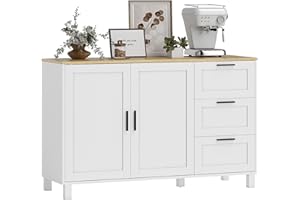 HOMCOM Credenza Cucina, Mobile Cucina con 3 Cassetti, Armadietto con Ante Ammortizzate, Credenza Buffet con Ripiani Regolabili e 5 Gambe in Pino, per Soggiorno Sala da Pranzo, 120x38x76 cm, Bianco