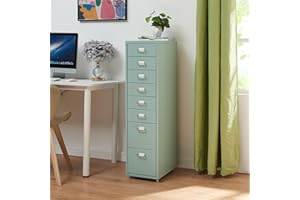 [en.casa] Caisson de Bureau à 8 Tiroirs Meuble de Rangement Roulant Organisateur pour Documents Dossiers avec Porte-Étiquettes Fournitures de Bureau Robuste Moderne Acier 109 x 28 x 41 cm Vert Menthe