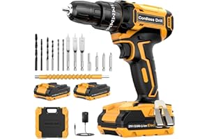 AKZWOXRO Taladro Percutor a Bateria 21V, Taladro Atornillador Bateria con 2x2.0Ah Baterías, Atornillador Electrico 42Nm, 25+3 Ajuste de Par, 14 Accesorios, 2 Velocidad, LED Luz Para Hogar, Bricolaje