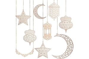 ‎MECCTUCK Mecctuck 9 Stück Ramadan Deko, Ramadan Dekoration, Ornament Holz Anhänger, Ramadan Mubarak Dekoration, Eid Mubarak Dekoration, Islamische Deko, Mond Stern Anhänger für Ramadan Mubarak Eid Party Deko