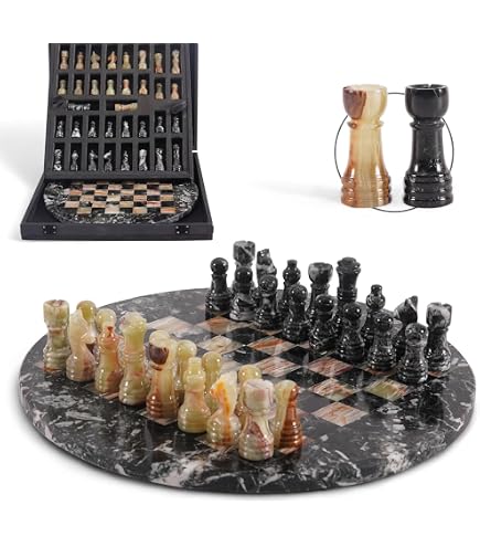 Jeu D’échecs En Marbre 38 Cm – Travertin Et Marbre Océanique, Fait Main, Luxe Avec Pièces Et Boîte De Rangement