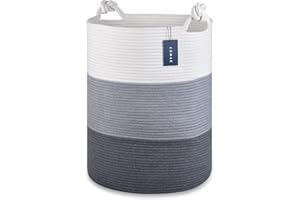 COMSE Extra Large Blanket Basket, High Storage Basket, Tall Rope Laundry Basket, 40 x 55 CM, Cotton Rope Basket, XXXL Laundry Basket, Toy Basket, Woven Basket, Clothes Baskets,White/Gray