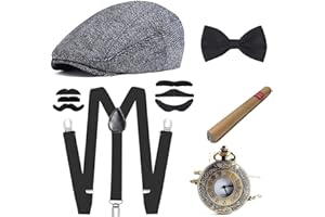E EBETA Années 1920 Hommes Déguisements Accessoires, Flapper Accessoire Gatsby Costume Année 20 avec Chapeau Bretelles à Dos en Y Homme Faux Cigare Montre de Poche Vintage (F)