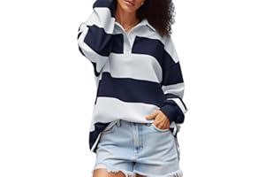 Amiblvowa Rugby Shirt Women Striped Collared Long Sleeve Polo Shirts Oversized Color Block Sweatshirt Vintage Pullover Top