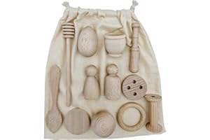GERILEO Montessori Cestino del Tesoro - 12 Pezzi - Gioco Euristico - Set Piccoli Accessori da Cucina in Legno con Sacchetto di Stoffa - Utensili - Cesto Sensoriale (Borsa+12 Pezzi)