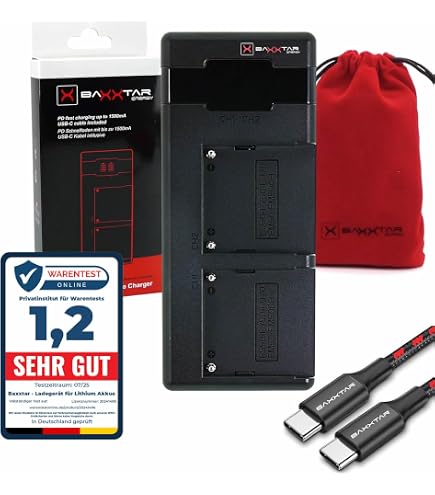 Caricabatterie Baxxtar Dual LCD Per Batterie Sony NP-F970/NP-F950/NP-F750/FM500H – 1500mAh Con Uscita USB, Adattatore Auto E Display Per Ogni Vano