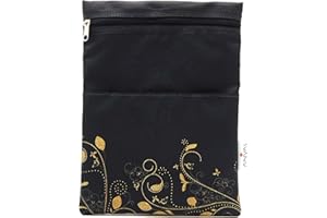 ANVAL Funda para libro, Impermeable, con cremallera, bolsillo exterior - Protección para libros, Adaptable a cualquier grosor, Funda libro papel - Forro libro tela estampada (BORDADO DORADO)