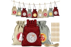 SPRINLOT Calendario de Adviento, 24 Bolsas de Yute Navideño, Calendario de Adviento para Rellenar, Bolsas de Calendario Navideño, Adviento Bolsa de Regalo, DIY Bolsa para Regalo Navidad