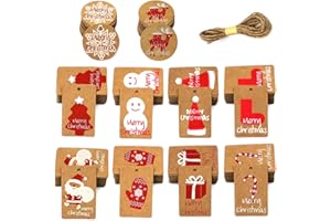VIDILLO 100 pezzi Kraft Paper Tag con 25 Metri Spago in iuta, Etichette regalo Natale Carta Kraft 10 disegni stampabili Christma per fai da te regalo di natale vacanze involucro etichette borse per feste(100)