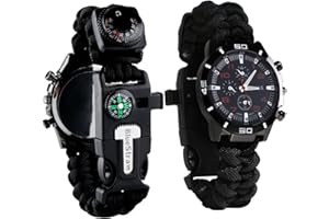 BLUESTRAW 6 in 1 Survival Bracelet Watch - Multifunctional Emergency Survival Watch with Paracord Whistle Fire Starter Compass and Thermometer Gear