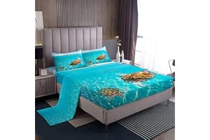 LOUSSIESD Set di lenzuola blu oceano 3D tartaruga set di biancheria da letto Hawaii Sea Beach lenzuola con angoli 3 pezzi include 1 lenzuolo e 1 lenzuolo piatto con 1 federa, morbido singolo