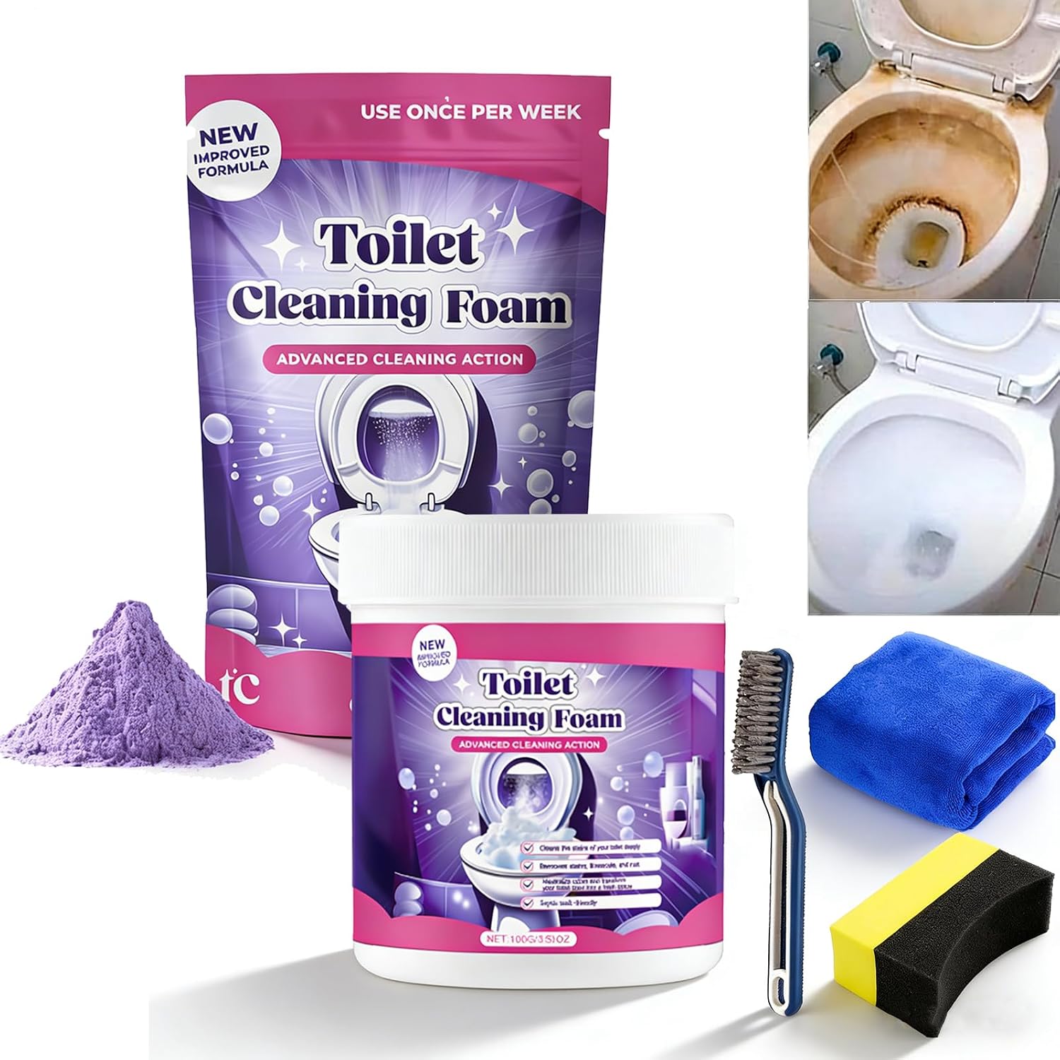 Fizzclean Toilet, Fizz Clean To-ilet, FizzClean To-ilet Cleaner, Fizz Clean Notice, Mousse Cleaner WC, Toilet Cleaner, Cleaning Foam Toil-et, For Toil-ets Sparkling Mousse Contactless (1 sac+1 boîte)