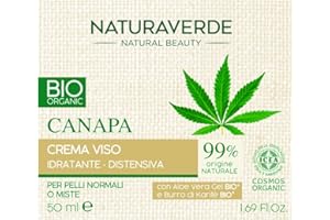 Naturaverde | BIO - Crema Viso Idratante Distensiva con Olio di Canapa, per Pelli Normali o Miste, 99% di Origine Naturale, con Aloe Vera e Burro di Karitè, 50 ml