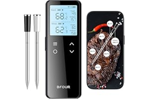 BFOUR Bluetooth & WLAN Fleischthermometer, Kabelloses Grillthermometer mit 2 Sonden 6 Sensoren, 100% Wasserdichtes,±0,1°C Genauigkeit, Fleischthermometer Kabellosfür Grill, Ofen, Braten – BF-80