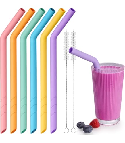 20 Pailles En Silicone Réutilisables + 2 Goupillons - Diamètre 8mm, Longueur 25cm - Sans BPA, Lavables Au Lave-vaisselle - Pour Boissons Chaudes Ou Froides