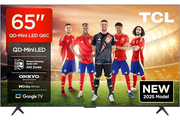 TCL 65Q6C, 65'' QD-Mini LED TV, 4K HDR Premium 1000nits, Powered by Google TV (Dolby Vision IQ & Atmos, Onkyo 2.1 Sound System, 144Hz Motion Clarity Pro, Voice Control)