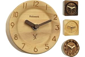 Holzwerk Germany ® Analog Retro Holz Tisch Uhr aus handgefertigtem Natur Holz Ahorn Braun geräuschlose Tischuhr Uhr Rund Eckig Holzuhr Stand-Uhr mit Holzzeiger (Holzwerk-Ahorn-Rund...)