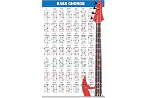 QMG Poster d'accords de guitare basse (27,9 x 43,2 cm), accessoires de guitares basses, tableau d'accords de basse laminés, 49 accords à code couleur, tableau d'accords de basse pour apprendre à jouer