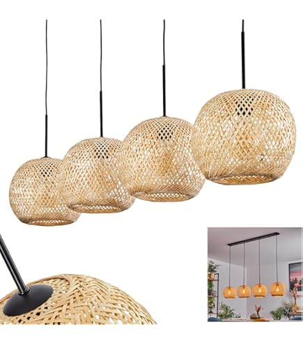 MyLjp Retro Hanglampen Boho Eetkamer Bamboe Hanglamp Natuurlijke Rotan Hanglamp 3-flame E27 Lamp In Hoogte Verstelbare Kroonluchter Vintage Lampenkap Slaapkamer Woonkamer Restaurant Plafondlamp