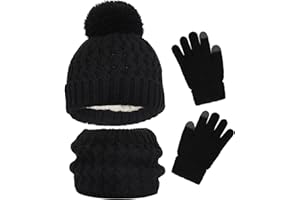 AWAVM Kids Winter Hat Scarf and Gloves Set, 3pcs Knitted Warmth Crochet Thick Fluffy Scarf Pom Bobble Hat Two Fingers Touch Screen Gloves Set for Boys and Girls 2-8