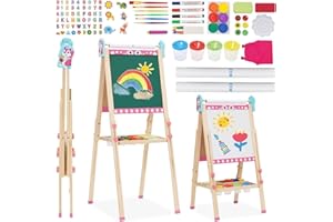 NUKDEY 3 in 1 Cavalletto da Pittura in Legno Pieghevole con Rotolo di Carta, Lavagna Bianca e Lavagna Nera Regolabile in Altezza 95-125cm Lavagnas Multiattività con Vassoio di Stoccaggio e 100+ Accessoris