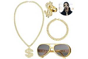 JOKILY 4 sztuki naszyjników z znakami dolara, pierścionków, okulary przeciwsłoneczne, złoty łańcuszek, zestaw akcesoriów do kostiumu hip-hopowego, rapera, punk, złoty naszyjnik, biżuteria hiphopowa na sezon 80/90., dla mężczyzn, na karnawał, imprezę, złoto, L