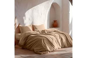 GAMUSI Juego Funda Nórdica Cama 135/140, Lisa 100% Algodón, Funda Edredón 220x220 cm y 2 Funda Almohada, Transpirable, Suave, Color Lino