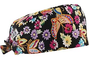 AELIN Calot De Bloc Calot Médical Cheveux Courts Unisexe 100% coton (Noir imprimé Papillons)