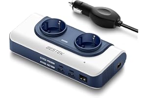 BESTEK transformateur 220v 12v 240v Convertisseur 200W,Prise Allume Cigare de Tension, 2 Port USB-C et 2 USB-A et 2 Prises EU, Chargeur Voiture Camping Car avec Multi Protections et Soft Start