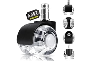 LUZOON 11 mm x 22 mm Zestaw 5 kółek do krzeseł biurowych, idealne do podłóg z twardego drewna, dywanów, laminatów i płytek do krzeseł biurowych, kółka do krzeseł do 250 kg