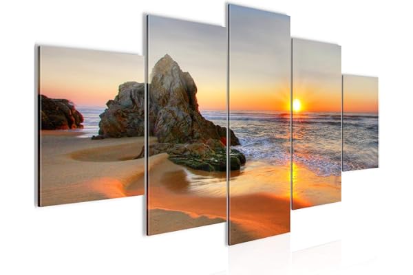 Runa Art - Tableau Lever Du Soleil Plage 200 x 100 cm 5 Parties XXL Decoration Murale Dessin Orange 609551a