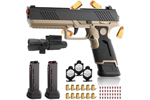 XYELLOWICON Upgrade Shell Ejecting Toy Guns Fidget Gun Pistol, 2 Detachable Magazines,12 Shell 60 Soft Bullets With 3 Metal Target, Gifts for Kids