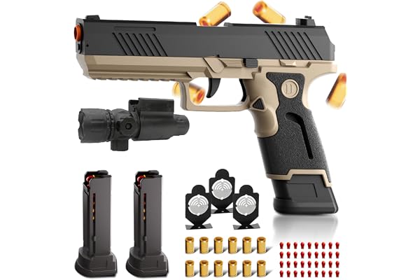 XYELLOWICON Utkastningspatron, fidgetpistol med 2 avtagbara laddare, 12 patroner, 60 mjuka bollar, med 3 metallmål - present till barn